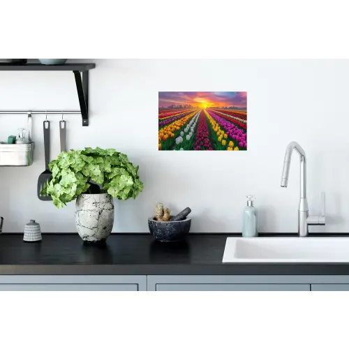 Tulpenveld - Zonsondergang - Kleurrijk Muursticker klein -keuken