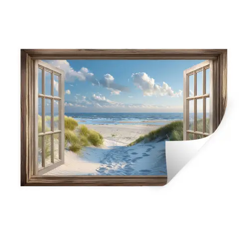 Doorkijk - Strand - Raam - Duinen - Zee Muursticker klein -3d