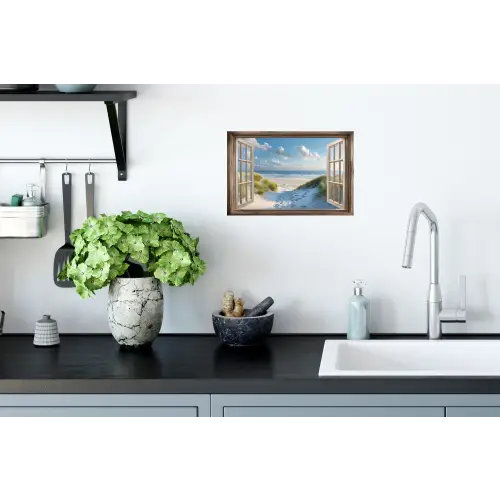 Doorkijk - Strand - Raam - Duinen - Zee Muursticker klein -keuken