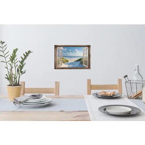 Doorkijk - Strand - Raam - Duinen - Zee Muursticker klein -eettafel
