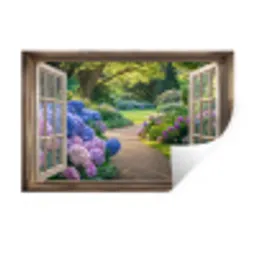 Doorkijk - Tuin - Raam - Hortensia - Bloemen Muursticker klein -3d