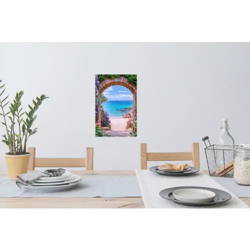 Doorkijk - Poort - Zee - Strand - Rotsen Muursticker klein -eettafel