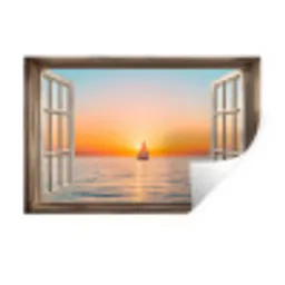 Doorkijk - Zee - Boot - Zonsondergang Muursticker klein -3d