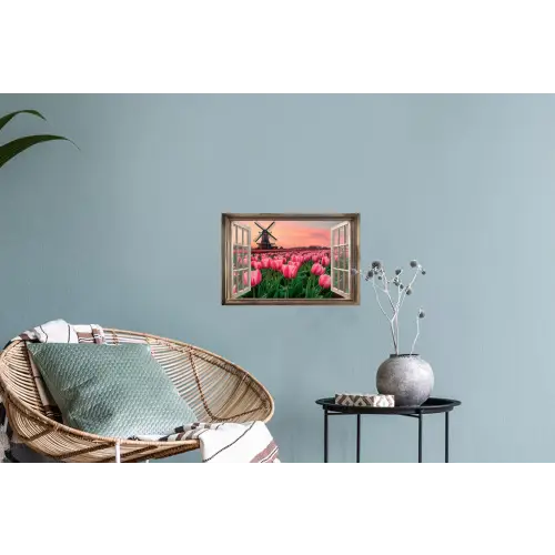 Doorkijk - Tulpen - Bloemen - Molen - Raam Muursticker klein -plant