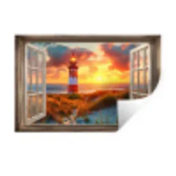 Doorkijk - Raam - Vuurtoren - Zonsondergang - Strand Muursticker klein -3d