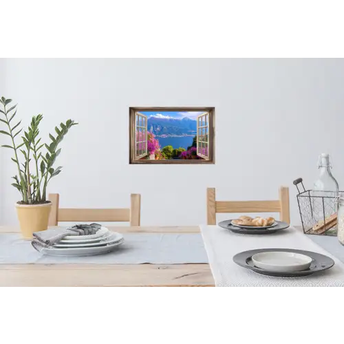 Doorkijk - Berg - Landschap - Uitzicht - Meer Muursticker klein -eettafel