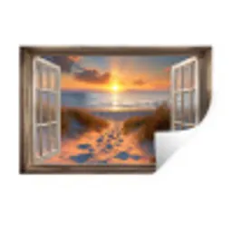 Doorkijk - Strand - Duinen - Zonsondergang Muursticker klein -3d