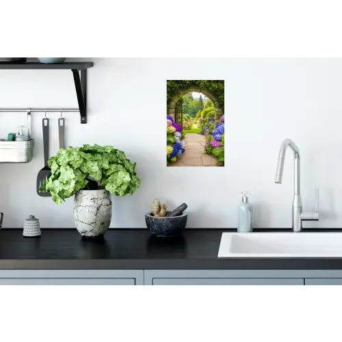 Doorkijk - Poort - Hortensia - Bloementuin Muursticker klein -keuken