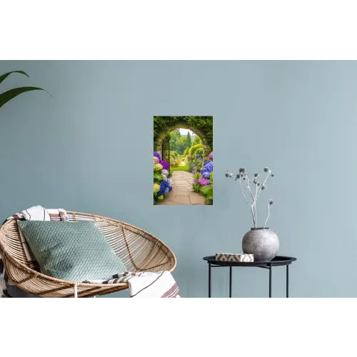 Doorkijk - Poort - Hortensia - Bloementuin Muursticker klein -plant