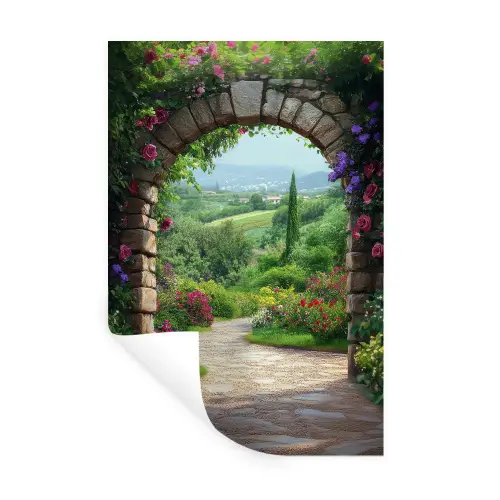 Doorkijk - Landschap - Bloemen - Pad - Uitzicht Muursticker klein -3d