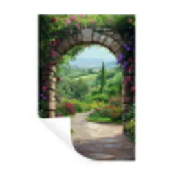 Doorkijk - Landschap - Bloemen - Pad - Uitzicht Muursticker klein -3d