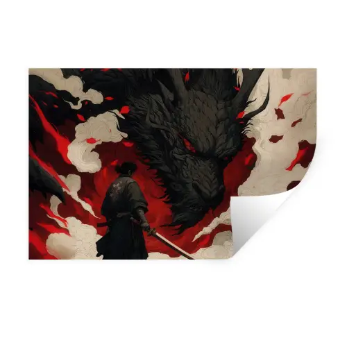 Krijger - Draak - Zwart - Rood - Rook Muursticker klein -3d