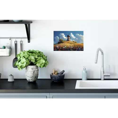 Windmolen - Heuvel - Bloemen - Kleurrijk Muursticker klein -keuken