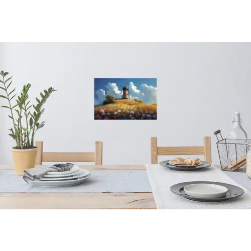 Windmolen - Heuvel - Bloemen - Kleurrijk Muursticker klein -eettafel