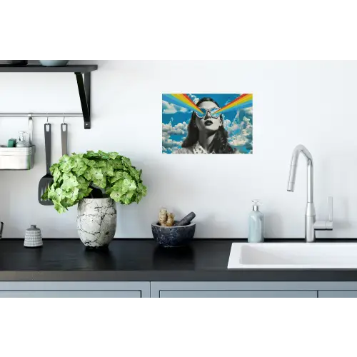Vrouw - Bril - Regenboog - Wolken Muursticker klein -keuken