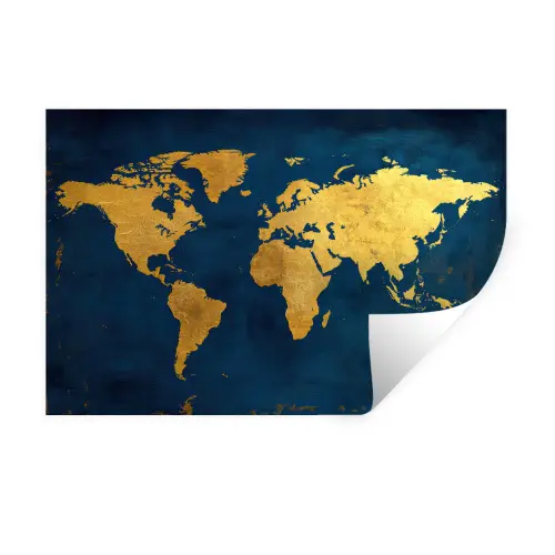 Wereldkaart - Goud - Donkerblauw Muursticker klein -3d